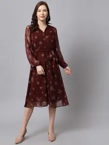 Just Wow Floral Printed Puff Sleeve Georgette Shirt Midi Dress