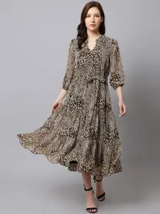 Just Wow Animal Printed Puff Sleeve Georgette Fit And Flare Midi Dress