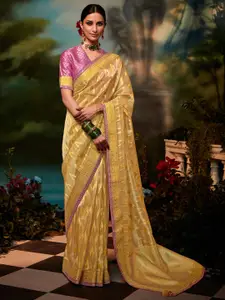 Mitera Yellow & Pink Woven Design Embroidered Organza Banarasi Saree