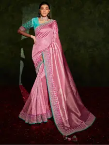 Mitera Pink & Blue Embellished Embroidered Silk Blend Saree