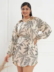 CURVE BY KASSUALLY Beige Tropical Print Shirt Collar Fit And Flare Midi Dress