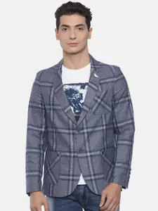 The Indian Garage Co Grey & Navy Blue Single-Breasted Checked Slim Fit Casual Blazer
