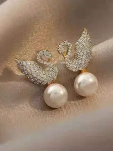 VIEN Gold-Plated Pearl Cubic Zirconia-Studded Contemporary Stud Earrings