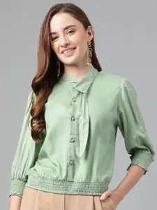 Latin Quarters Tie-Up Neck Puff Sleeves Top