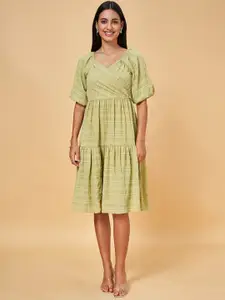 Honey by Pantaloons Striped V-Neck Puff Sleeves Smoked Detail Tiered Wrap Dress