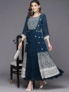 Indo Era Floral Embroidered Tiered Layered Georgette Ethnic Dress
