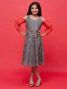 Aks Kids Girls Ethnic Motifs Printed Cold-Shoulder Modal A-Line Dress