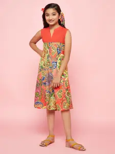 Aks Kids Girls Floral Printed Mandarin Collar Cotton Empire Dress
