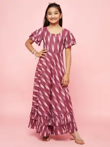 Aks Kids Girls Ethnic Motifs Ikat Printed Flared Sleeves Cotton A-Line Dress