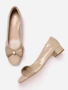 Allen Solly Women Croc Textured Block Heel Pumps with Bow Detail