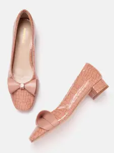 Allen Solly Women Croc Textured Block Heel Pumps with Bow Detail