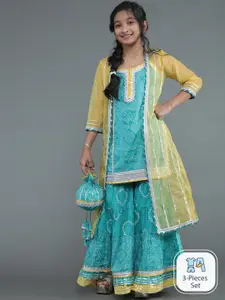 Aks Kids Girls Ethnic Motif Printed Pure Cotton Kurta Sharara & Jacket With Potli Bag