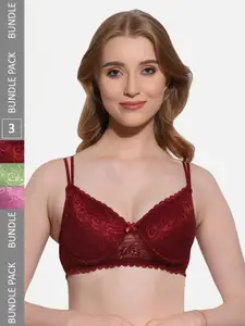 FIMS Pack Of 3 Floral Lace Full Coverage Underwired Lightly Padded Bra