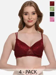 FIMS Pack Of 4 Floral Lace Full Coverage Underwired Lightly Padded Bra