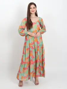 ISAM Floral Printed V-Neck Extended Sleeves Tiered Pure Cotton Maxi Dress
