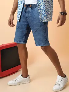 Campus Sutra Blue Washed Outdoor Mid-Rise Denim Shorts