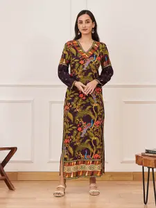 Rustorange Floral Print V-Neck Cuffed Sleeves Maxi Dress