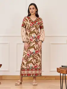 Rustorange Floral Printed V-Neck Puff Sleeves Maxi Ethnic Dress