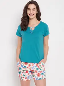 Clovia Teal Blue & White Floral Printed Tie-Up Neck Top With Shorts