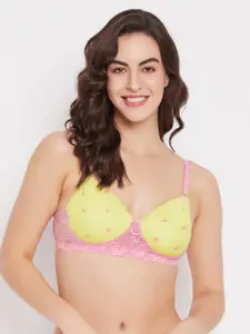 Clovia Green & Pink Floral Full Coverage Lightly Padded  All Day Comfort T-shirt Bra