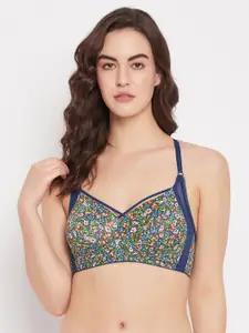 Clovia Blue & Green Floral Printed Lightly Padded All Day Comfort T-shirt Bra