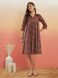 InWeave Ethnic Motifs Printed Shirt Collar A-Line Dress