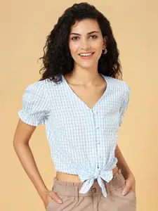 Honey by Pantaloons Checked Puff Sleeve Cotton Crop Top