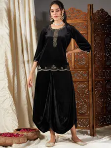 Shae by SASSAFRAS Ethnic Motifs Yoke Design Velvet Short Kurta with Dhoti Skirt