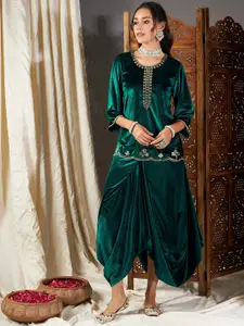 Shae by SASSAFRAS Ethnic Motifs Embroidered Sequinned Velvet Kurti with Skirt