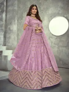 Fusionic Lavender & Gold-Toned Embroidered Semi-Stitched Lehenga & Unstitched Blouse With