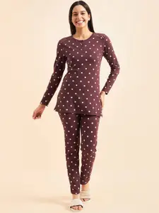 Sweet Dreams Brown & White Polka Dots Printed Pure Cotton Night Suit