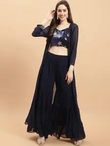 Purple State Printed Crop Top With Sharara & Jacket