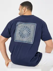 Styli Navy Blue Printed Oversized Pure Cotton T-shirt
