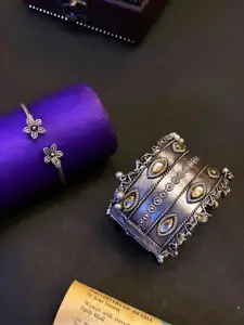 ATIBELLE Set Of 2 Silver-plated Floral Kundan & Artificial Beads Bangles