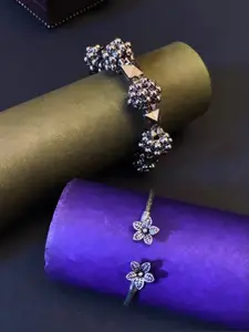 ATIBELLE Set Of 2 Silver-Plated & Floral Shaped Adjustable Bangles