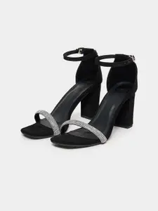Styli Embellished Shimmer Strap High-Top Block Heels