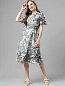 Latin Quarters Floral Printed Flared Sleeve Fit & Flare Dress