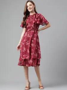 Latin Quarters Floral Print Flared Sleeve Belted Fit & Flare Dress