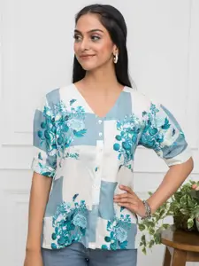 KALINI Floral Printed Puff Sleeves Shirt Style Top