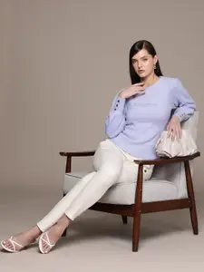 bebe Season Staples Solid Brand Logo Embroidered Puffed Bishop Sleeves Pullover