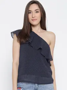 Sera Navy Blue Geometric One Shoulder Ruffled Top