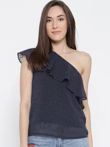 Sera Navy Blue Self Design One Shoulder Ruffled Top