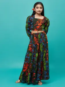 Aks Kids Girls Printed Puff Sleeves Ready to Wear Cotton Lehenga Choli