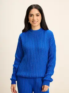 20Dresses Blue Mock Neck Cable Knit Acrylic Pullover