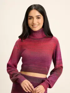 20Dresses Purple & Orange Turtle Neck Fitted Crop Acrylic Pullover