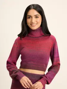 20Dresses Purple & Orange Turtle Neck Fitted Crop Acrylic Pullover
