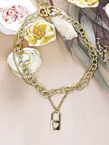 Krelin Gold-Plated Dual-Layered Chain Lock Heart Pendant Choker Necklace