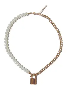 Krelin  Gold-Plated Pearl Beaded & Half & Half Layered Padlock Pendant Necklace