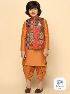 KISAH Boys Mandarin Collar Kurta With Pyjamas & Printed Nehru Jacket