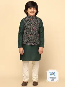 KISAH Boys Kantha Printed Regular Fit Kurta Jacket Pyjama Set